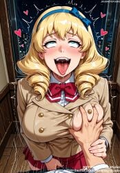 1boy ahe_gao ai_generated bangs blonde_hair blue_eyes blue_hairband blush bow bowtie breast_grab breasts bulge buttons clothed_sex clothing collared_shirt deep_skin drill_hair drooling female female grabbing grabbing_another's_breast groping guided_breast_grab guiding_hand hairband hairbow headwear heart heart-shaped_pupils indoors jacket jousneystudio kakumeiki_valvrave large_breasts legwear long_hair long_sleeves male medium_hair neckwear night ninomiya_takahi nipples open_mouth penis pleated_skirt red_bow red_bowtie red_neckwear red_skirt rolling_eyes saliva school_uniform semen sex shirt skirt smile solo_focus straight sweat teeth tongue tongue_out trembling uniform white_shirt window
