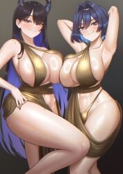 2girls armpits arms_up beauty_mark black_hair blue_eyes blue_hair blush cipher4109 colored_inner_hair demon_girl demon_horns duo female female_only hololive hololive_english hololive_english_-advent- hololive_english_-council- hololive_english_-promise- horns huge_breasts light-skinned_female light_skin medium_hair mole mole_on_breast mole_on_thigh mole_under_eye multicolored_hair multiple_girls nail_polish nerissa_ravencroft ouro_kronii red_eyes thick_thighs very_long_hair