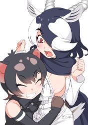 2girls animal_ears antelope_ears antelope_horns apron areola_slip areolae assisted_exposure bangs bare_shoulders black_bow black_bowtie black_cape black_cloak black_hair black_shirt black_skirt black_sleeves blackbuck_(kemono_friends) blush bow bowtie breast_slip breasts breasts_out_of_clothes brown_gloves brown_hair cape center_frills cloak closed_eyes clothed_female clothes_pull clothing collared_cape detached_sleeves dot_nose elbow_gloves eyebrows_visible_through_hair female female_focus frilled_apron frilled_shirt frills full_color gloves grabbing grin hair_between_eyes hair_over_one_eye hands_up kemono_friends kemono_friends_3 long_hair long_sleeves looking_down masuyama_ryou medium_breasts medium_hair multi_ear multicolored_hair multiple_girls neckwear nipples no_bra one_breast_out_of_clothes one_eye_covered open_mouth red_eyes shirt shirt_aside shirt_pull short_hair sleeveless sleeveless_shirt smile spotted spotted_hair standing tail tasmanian_devil_(kemono_friends) tasmanian_devil_ears teeth third-party_edit tongue two-tone_hair upper_body vagina white_bow white_hair white_legwear white_shirt_cuffs