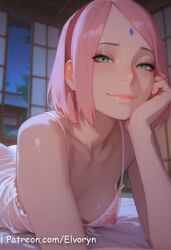 1girls ai_generated armpits bedroom big_breasts bob_cut boruto:_naruto_next_generations bracelet breasts busty clothed clothing crop_top curvaceous curvy detailed_background dress elvoryn female female_only forehead_jewel forehead_mark fully_clothed green_eyes highres hourglass_figure human indoors inside jewelry large_breasts lipstick looking_at_viewer makeup mature mature_female medium_hair milf naruto naruto_(series) panties pink_hair pink_lips pink_lipstick pinup pose posing realistic sakura_haruno shoulder_length_hair sleeveless sleeveless_dress solo tight_clothing tight_pants voluptuous wide_hips