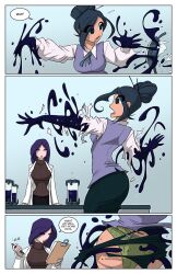 ass black_hair black_skirt clothing colored comic corruption female goo_transformation green_panties jolly_jack legs_together open_mouth panties scientist short_hair skirt symbiote the_goo_(comic) transformation wide_eyed yuri