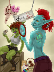 captured female gnome gnome_(warcraft) gnome_female goblin goblin_(warcraft) goblin_female green_skin humanoid pale_skin troll troll_female tuhis warcraft world_of_warcraft wow