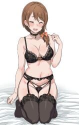 1girls black_bra black_panties black_thighhighs blush bottomwear bra breasts brown_hair choker cleavage closed_eyes cutiemachina ear_piercing earrings female female_only garter_belt garter_straps hair hair_ribbon handwear lace lace-trimmed_bra lace-trimmed_garter_belt lace-trimmed_panties lace-trimmed_thighhighs lace_trim legwear lingerie mature mature_female mature_woman medium_breasts milf mole mole_on_breast mole_on_shoulder mole_on_thigh mother natsuki_naoko neckwear panties re:zero_kara_hajimeru_isekai_seikatsu ribbon ring smile solo solo_female sweat sweatdrop thighighs thighs tied_hair topwear