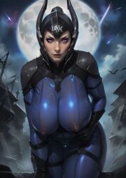 ai_generated big_breasts bodysuit dota_2 female hanging_breasts helmet huge_breasts human looking_at_viewer luna_(dota) moon purple_eyes see-through solo wrongnumberai