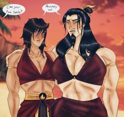 abs angry_face avatar_legends avatar_the_last_airbender bikini cleavage clothed crossdressing english_text father_and_son fire_nation lavalewdz long_hair looking_at_viewer manly_crossdresser older_male ozai speech_bubble suggestive swimwear text zuko