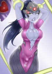 1futa arms_up blue_hair bodysuit bondage bound_arms breasts bulge cleavage deep_cleavage facing_viewer feminization forced forced_feminization futanari gritted_teeth jesscatg large_breasts long_hair machine overwatch ponytail purple_skin solo standing widowmaker widowmaker_(cosplay) yellow_eyes