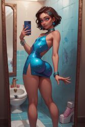 1boy 1femboy ai_generated androgynous ass bathroom big_ass blue_eyes boy brown_hair bubble_ass bubble_butt buildabaeworkshop bulge bulge_through_clothing crossdressing cute_male dress earring femboy feminine feminine_body feminine_male flat_chested gay legs looking_back male male_only minidress mirror mirror_selfie nipple_bulge oc original original_character otoko_no_ko phone pouty_lips rear_view reflection selfie sexy_dress slim_waist small_waist solo tagme taking_selfie thighs tiny_waist wide_hips