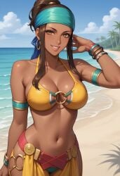 ai_generated beach bikini breasts brown_eyes colombian colombian_female dark-skinned_female female hairband king_of_fighters latina smile, snk yellow_bikini zarina_(kof)