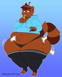 1boy ahoge bear belly big_belly blue_background blush brown_fur brown_hair chubby disembodied_hand eating fat fat_ass fat_fetish femboy furry hoodie hotpants hybrid hyper_thighs looking_down orange_eyes original pizza raccoon short_shorts skalesstash thick_thighs thighhighs weight_gain wide_hips