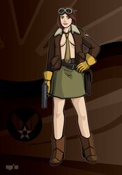 angry_birds beige_skin boots breasts brown_hair color eyewear female female_only footwear front_view gloves goggles green_eyes gun hair human jacket looking_at_viewer mighty_eagle necktie open_clothes pistol rule_63 skirt solo standing weapon