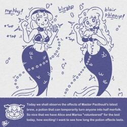 2girls air_bubbles bare_shoulders chained english_text holding_breath long_hair medium_breasts mermaid_tail monochrome motion_lines navel original puffy_cheeks soaked_lemon strapless_top trembling twitching underwater