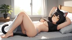 ai_generated arms_behind_head arms_up ass bangs bankonit bed bedroom black_hair blush cat_ears catgirl freckles freckles_on_breasts freckles_on_face knees_up lying_on_back lying_on_bed medium_breasts midriff navel original_character panties short_hair smile solo stable_diffusion t-shirt tail under_the_covers underboob waist yellow_eyes