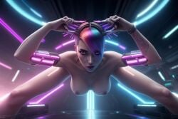 ai_generated breasts cybernetic_arm cybernetic_limb cybernetics cyberpunk cyberpunk_2077 neon_lights sexy_pose vagina