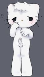 anthro balls dear_daniel domestic_cat erection felid feline felis foreskin fur genitals hello_kitty_(series) lidded_eyes male mammal mouthless nervous_sweat penis sanrio solo touboutenshi white_body white_fur worried_look