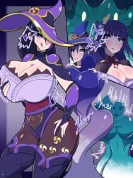 absorption absorption_vore big_breasts fusion genshin_impact hat leotard mona_(genshin_impact) raiden_shogun slime slime_girl tagme thick thick_thighs vore witch_hat zaro24