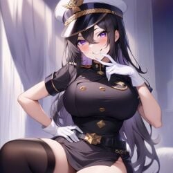 1girls ai_generated big_breasts black_hair curvy isabel_the_military looking_at_viewer military_uniform oc orginal_character original_character purple_eyes skirt smile_at_viewer solo_female sugestive_pose thick_thighs