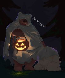 0ottotto0 2024 absurd_res anthro bear clothing costume detailed_background duo ghost_costume halloween halloween_costume hi_res holidays kemono male mammal night outside overweight overweight_male plant smile tree