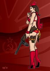 angry_birds ass beige_skin boots breasts brown_hair color female female_only footwear genderswap_(mtf) grenade grey_eyes gun hair hammer_and_sickle hat high_heel_boots human humanized open_eyes pipe ppsh_41 red_(angry_birds) round_ears rule_63 scarf side_view skimpy_clothes solo standing weapon