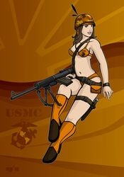 angry_birds armor beige_skin boots breasts brown_eyes brown_hair color female female_only footwear front_view gun hair helmet human open_eyes orange_bird rule_63 solo weapon