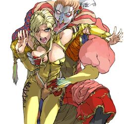 1boy 1girls aqua_eyes artist_request blonde_hair blue_eyes breast_grab breasts brown_hair cameltoe celes_chere cleavage clown defeated facepaint feather female final_fantasy final_fantasy_vi hair hair_ornament human kefka_palazzo makeup male open_mouth rape sitting straight