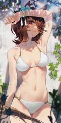 agnes_tachyon_(umamusume) arm_up armpit bikini blush brown_hair creepy_smile female female_only flower_in_hair hair_ornament horse_ears horse_girl looking_at_viewer medium_breasts medium_hair red_eyes sarcophage smile solo umamusume umamusume_pretty_derby white_bikini
