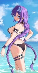 big_breasts blue_eyes clothed dat_ass goddess huge_ass looking_at_viewer neptune_(neptunia) neptunia_(series) power_symbol-shaped_pupils purple_hair purple_heart_(neptunia) swimsuit thick_thighs