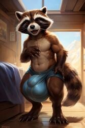 ai_generated big_balls big_bulge male_only rocket_raccoon room