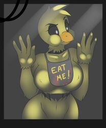 5:6 absurd_res against_glass against_surface animatronic anthro apron avian beak big_breasts bird black_eyes breasts breasts_on_glass chica_(fnaf) chicken clothing dark digital_media_(artwork) feathers female five_nights_at_freddy's galliform gallus_(genus) grey_theme hi_res kloudmutt let_me_in machine naturally_censored nipple_tuft non-mammal_breasts on_glass phasianid robot scottgames simple_background solo tuft window withered_chica yellow_body yellow_feathers