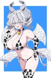 bell_collar cow_girl cow_print cow_print_bikini cow_tail cute_fang fingerless_gloves labrynth_of_the_silver_castle long_gloves smile sweat sweaty sweaty_body thighhighs v-shaped_eyebrows yu-gi-oh!