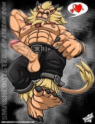 abs balls bandai_namco biceps big_balls big_penis clothing digimon erection felid leomon lion male male_nipples male_only manly muscular_male nipples pecs penis smashedoysters