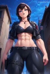 abs ai_generated choker goth jeans large_breasts leather low-angle_view marceline masomelon midriff muscular_female muscular_thighs