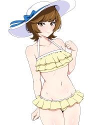 blue_angel blush brown_eyes brown_hair female female_only flat_chest hi_res led_(190491) looking_at_viewer navel nervous_sweat short_hair shy solo solo_female swimsuit white_background yu-gi-oh! yu-gi-oh!_vrains zaizen_aoi