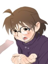 beige_skin black_eyes blush clothes colored cum cum_on_clothes cum_on_face cum_on_hand erection eyewear female fullmetal_alchemist glasses hair human male open_eyes open_mouth penis round_ears segawa_kenzaburo sheska short_hair stained_clothes white_background