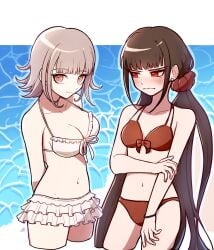 2girls bare_shoulders bikini blush breasts cleavage collarbone danganronpa danganronpa_2:_goodbye_despair danganronpa_v3 hair_ornament harukawa_maki highres large_breasts long_hair looking_at_viewer multiple_girls nanami_chiaki navel official_alternate_costume red_bikini smile swimsuit white_bikini