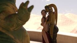 2girls 3d alexbridger belly_dancer belly_dancer_outfit braided_hair brown_eyes brown_hair chain_leash chained dancer dancer_outfit fishnets green_skin harem harem_girl harem_outfit hug imminent_yuri interspecies jabba_the_hutt loincloth long_hair oola princess_leia_organa slave slave_bikini slave_collar slave_leia slave_outfit slavegirl star_wars twi&#039;lek