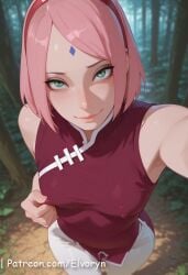 1girls ai_generated armpits big_breasts bob_cut boruto:_naruto_next_generations bracelet breasts busty clothed clothing crop_top curvaceous curvy detailed_background dress elvoryn female female_only forehead_jewel forehead_mark fully_clothed green_eyes highres hourglass_figure human jewelry large_breasts lipstick looking_at_viewer makeup mature mature_female medium_hair milf naruto naruto_(series) outdoors outside panties peace_sign pink_hair pink_lips pink_lipstick pinup pose posing realistic sakura_haruno selfie shoulder_length_hair sleeveless sleeveless_dress solo tight_clothing tight_pants voluptuous wide_hips