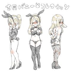 androgynous blonde_hair blush bunny_boy bunny_ears chibi crossdressing embarrassed eye_patch femboy fishnet_thighhighs fishnets full_body high_heels kengan_(series) kengan_ashura long_hair long_hair_male looking_at_viewer looking_back male male_only male_playboy_bunny multiple_outfits ponya_(pixiv) ponytail rabbit_ears rabbit_tail reverse_bunnysuit solo thighhighs twink yoshioka