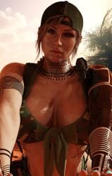 1girls 3d athletic athletic_female bad_bitch big_breasts bikini bitchy blender blender_cycles blue_nail_polish blue_nails brown_eyes brown_hair camouflage desert earrings female female_only glistening_body harness highres huge_breasts impractical_armor impractical_clothing impractical_outfit jewelry lara_croft lara_croft_(classic) light_skin long_hair looking_at_viewer military nail_polish nipple_bulge panties pinup self_upload solo sweat sweatdrop sweating tattoo tattoos tomb_raider your__waifu