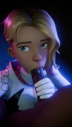 1boy 1girls 3d animated asymmetrical_hair blonde_hair blue_eyes bodysuit cute dark-skinned_male dark_skin eyebrow_piercing fellatio female female_focus freckles freckles_on_face gwen_stacy gwen_stacy_(spider-verse) holding holding_penis interracial light-skinned_female looking_at_viewer male marvel marvel_comics medium_breasts miles_morales no_sound petite piercing ruru3dx spider-gwen spider-man_(series) sucking sucking_penis tagme video