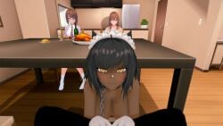 1boy big_penis cat_ears catgirl chained chains dark-skinned_female dark_skin dinner feeding feeding_cum female kneeling lifes_payback looking_at_partner metal_collar naked naked_female patreon pet pet_play tight_throat under_the_table vinkawa