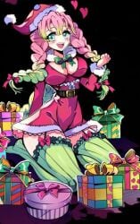 big_breasts cosplay demon_slayer green_stockings hfxpins kanroji_mitsuri kimetsu_no_yaiba pink_hair presents santa_costume santa_hat