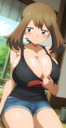 1girls ai_generated alternate_breast_size big_breasts blue_eyes breasts brown_hair cleavage denim_bottomwear denim_clothing denim_shorts female female_focus female_only game_freak huge_breasts large_breasts light-skinned_female light_skin may_(pokemon) mayday_(artist) nintendo pokemon short_hair solo solo_female solo_focus sweat thick_thighs