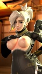 1girls 3d big_breasts blender breasts brown_eyes female female_only goth human mercy overwatch ponytail solo yokubos