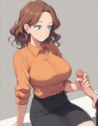 1boy 1girls ai_generated blue_eyes brown_hair handjob office_lady penis smile supergetthi wavy_hair