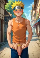 ai_generated balls bara biceps big_balls big_penis blonde_hair blue_eyes blush erection gay hands_in_pants headband looking_at_viewer male male_only muscular muscular_male naruto penis showing_penis smile sweatpants tank_top toned_body toned_male twall97 uzumaki_naruto