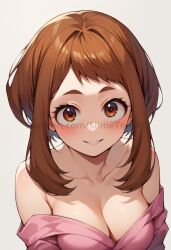 ai_generated big_breasts blush blushing_at_viewer breasts brown_eyes brown_hair cleavage looking_at_viewer my_hero_academia ochako_uraraka pink_topwear short_hair slimetenshi smile smiling smiling_at_viewer