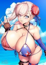 1girls american_flag_bikini asymmetrical_hair big_breasts bikini blue_eyes fate/grand_order fate_(series) huge_breasts miyamoto_musashi_(fate) miyamoto_musashi_(swimsuit_berserker) rarityussr(artist)