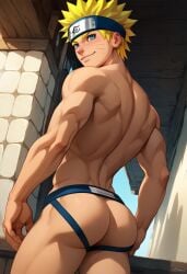 ai_generated ass back bara biceps blonde_hair blue_eyes blush gay headband jockstrap jockstrap_only looking_at_viewer looking_back male male_only muscular muscular_male naruto smile toned_body toned_male twall97 uzumaki_naruto