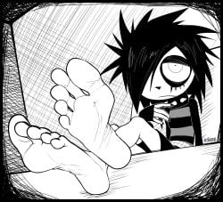 1girls black_and_white choker emo emo_girl feet female foot_fetish foot_focus i_can't_sleep monochrome nia_(i_can't_sleep) pale_skin staerk