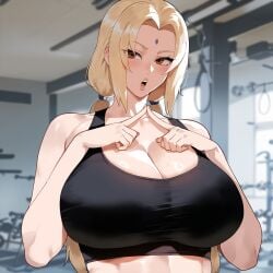 ai_generated blonde_hair breasts_bigger_than_head brown_eyes cleavage creamy_ai curvy forehead_mark gym huge_breasts mature_female naruto naruto_(series) naruto_shippuden sports_bra tsunade upper_body